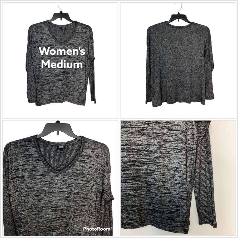 Women's a.n.a M Medium 8 - 10 V-Neck Sweater Marble Black Long Sleeve Stretch